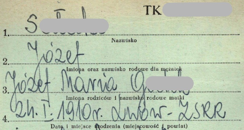 Fragment metryczki dowodowej z Archiwum Akt Nowych (AAN), zawierający ręcznie zapisane informacje, takie jak imię Józef, datę oraz miejsce urodzenia (Lwów)