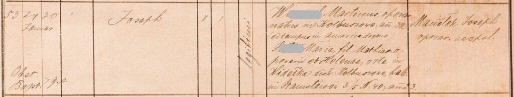 Metryka urodzenia z Archiwum Głównego Akt Dawnych (AGAD), ukazująca ręczne zapisy dotyczące urodzenia osoby o imieniu Józef, wraz z informacjami o rodzicach i istotnymi szczegółami